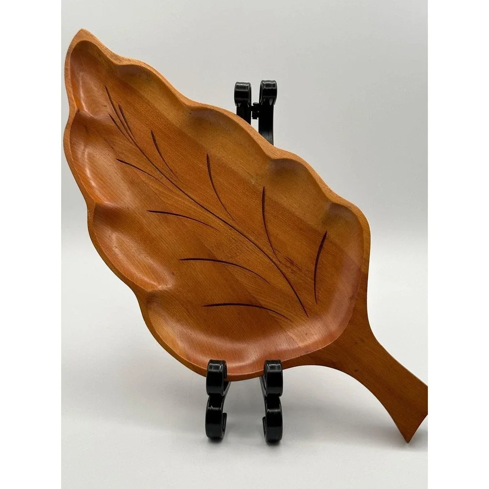 Vintage Hand Carved Wooden Leaf Bowl MCM Rustic Organic Serving Display Decor